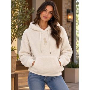 Polo Ralph Lauren Cream Sherpa Pullover Hoodie Big Pony Logo Size S